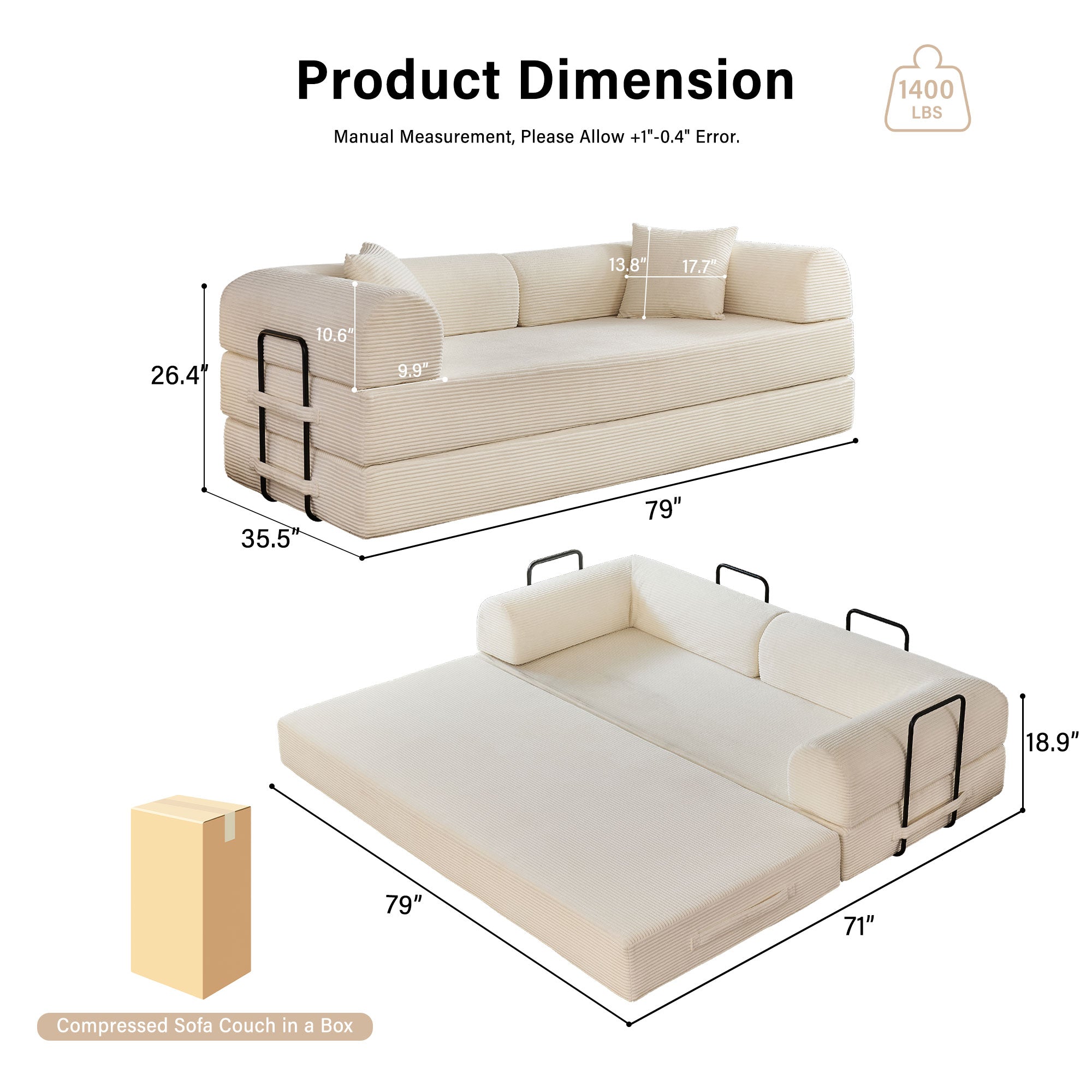 5-in-1 Folding Convertible Sofa Bed, 79" Corduroy Floor Couch Futon, Pull-Out Sleeper Loveseat, Modular Boneless Sofa for Living Room & Bedroom, White