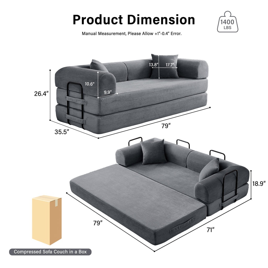 5-in-1 Folding Convertible Sofa Bed, 79" Corduroy Floor Couch Futon, Pull-Out Sleeper Loveseat, Modular Boneless Sofa for Living Room & Bedroom, Grey
