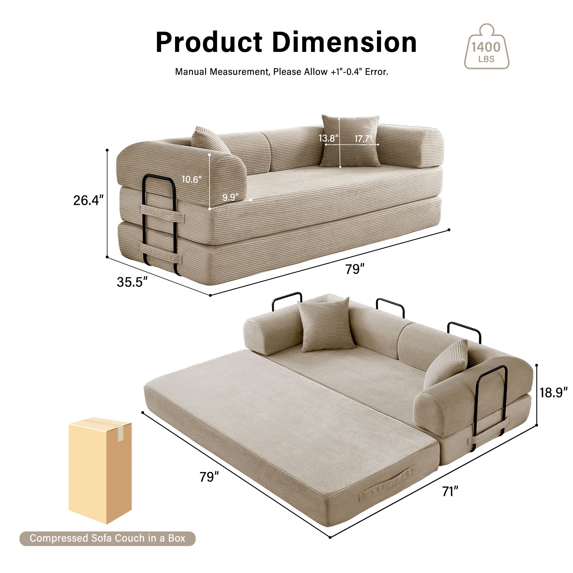 5-in-1 Folding Convertible Sofa Bed, 79" Corduroy Floor Couch Futon, Pull-Out Sleeper Loveseat, Modular Boneless Sofa for Living Room & Bedroom, Beige