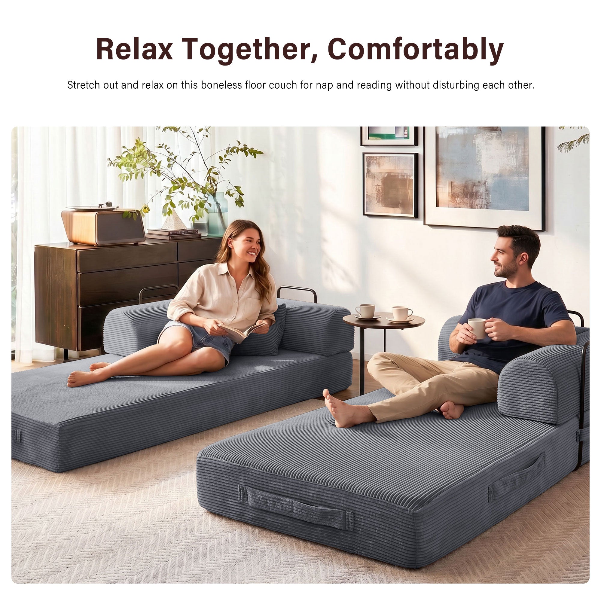 5-in-1 Folding Convertible Sofa Bed, 79" Corduroy Floor Couch Futon, Pull-Out Sleeper Loveseat, Modular Boneless Sofa for Living Room & Bedroom, Grey