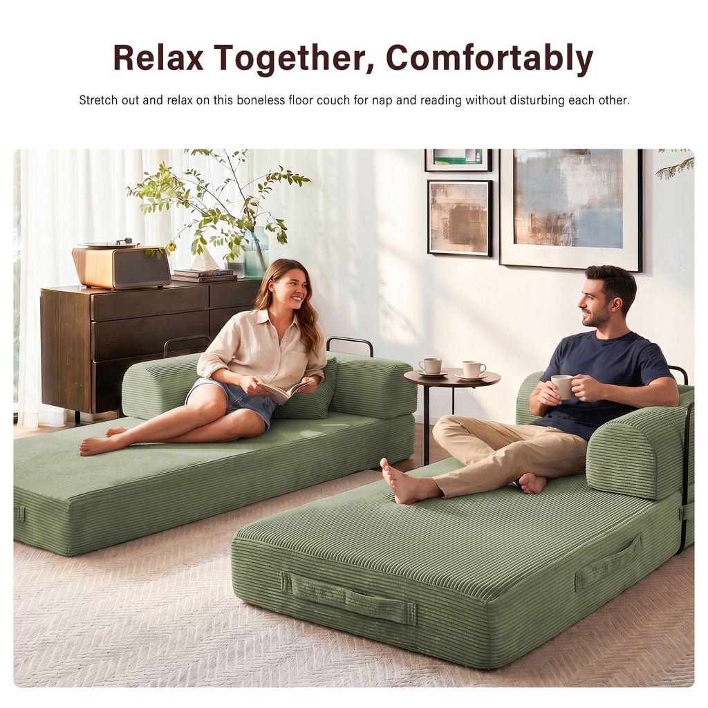 5-in-1 Folding Convertible Sofa Bed, 79" Corduroy Floor Couch Futon, Pull-Out Sleeper Loveseat, Modular Boneless Sofa for Living Room & Bedroom, Green