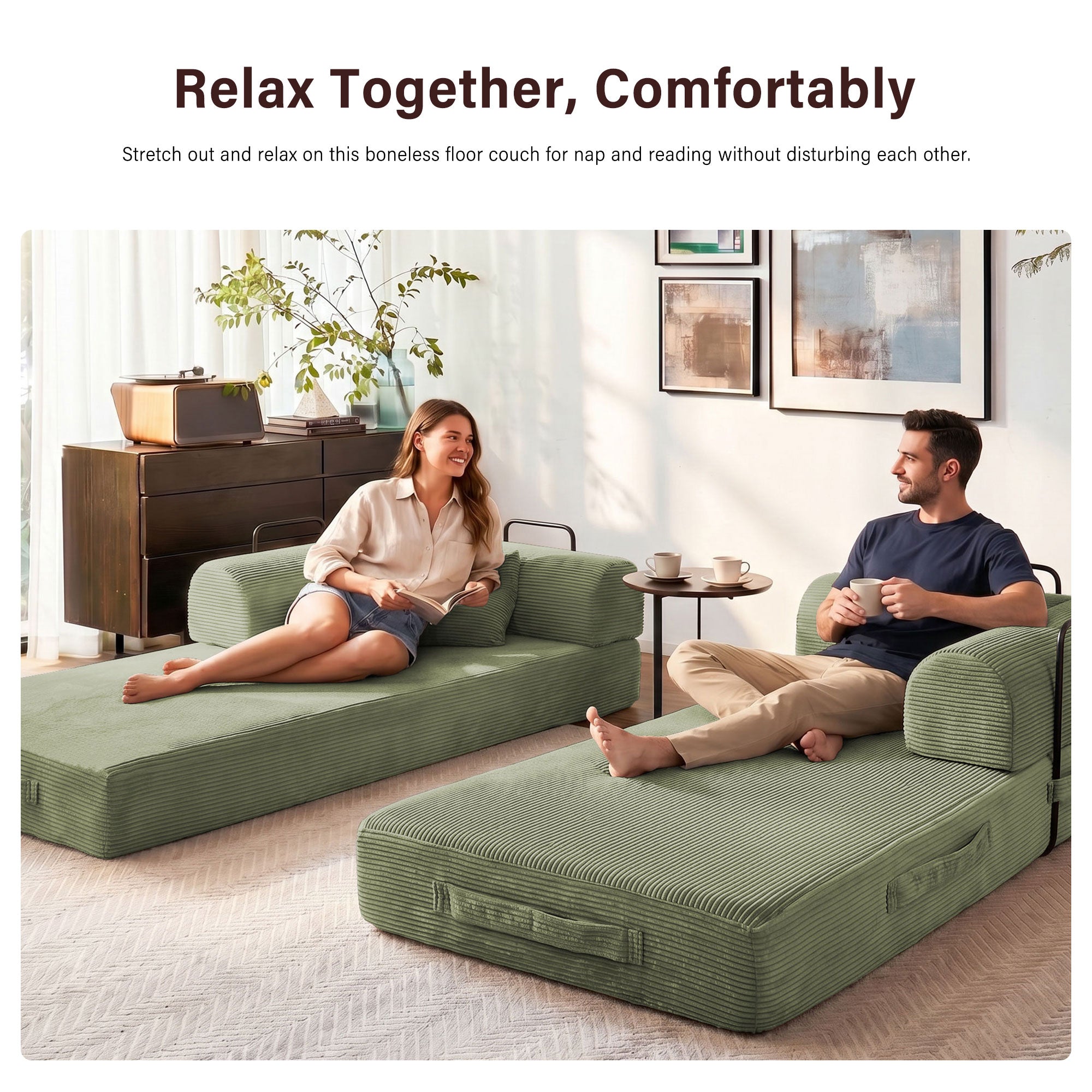 5-in-1 Folding Convertible Sofa Bed, 79" Corduroy Floor Couch Futon, Pull-Out Sleeper Loveseat, Modular Boneless Sofa for Living Room & Bedroom, Green