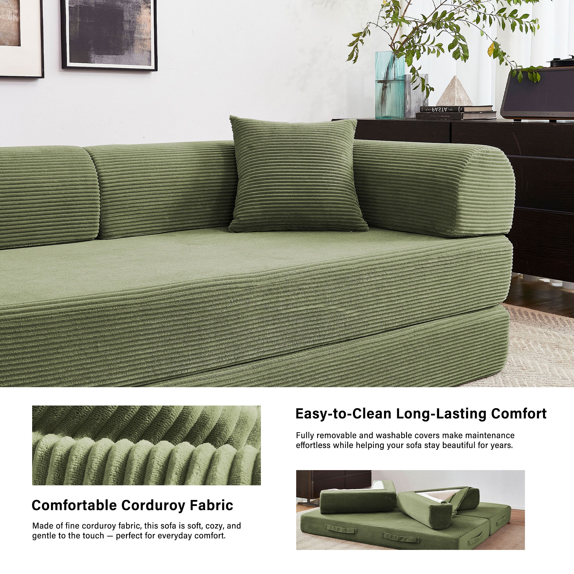 5-in-1 Folding Convertible Sofa Bed, 79" Corduroy Floor Couch Futon, Pull-Out Sleeper Loveseat, Modular Boneless Sofa for Living Room & Bedroom, Green