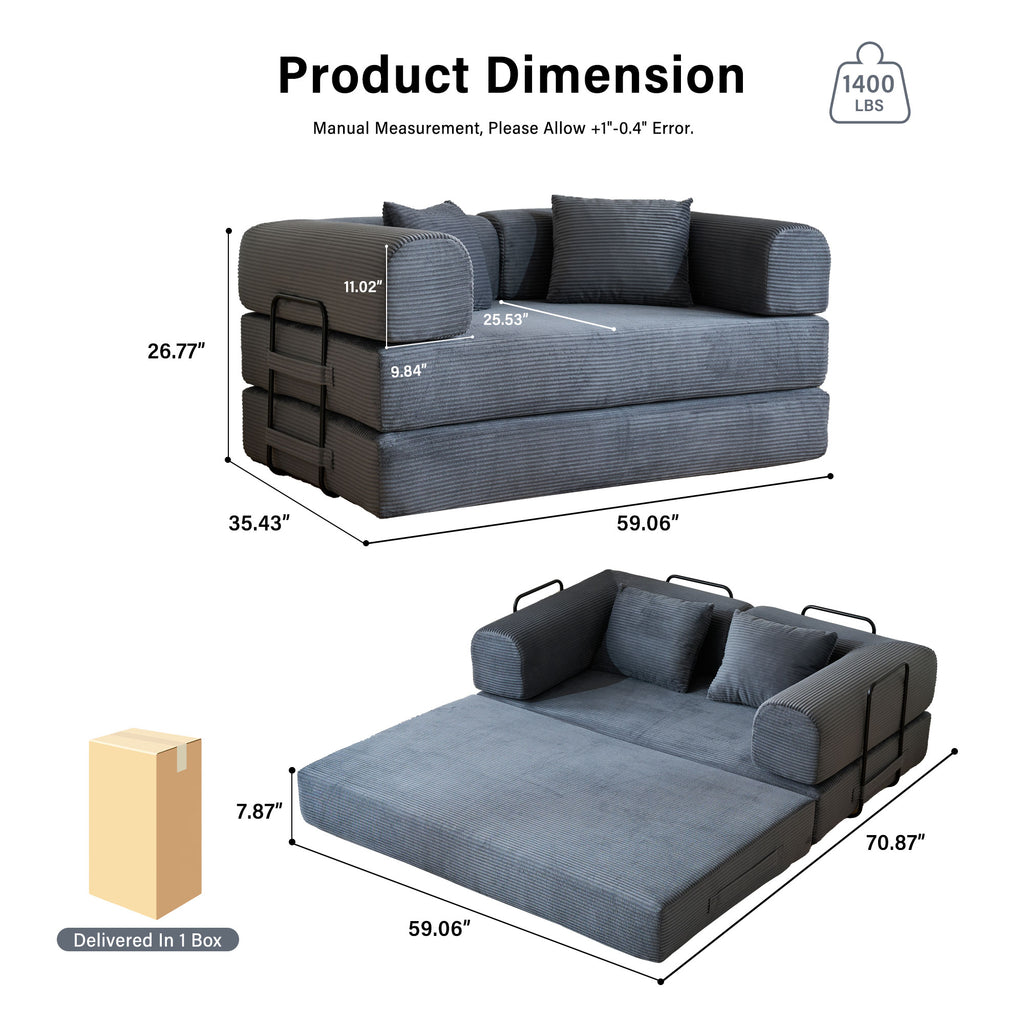 59" 5-in-1 Convertible Corduroy Sofa Bed, No-Assembly Boneless Loveseat Pull-Out Sleeper for Small Spaces(Dark Grey)