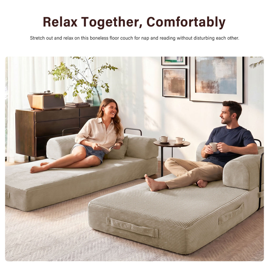 5-in-1 Folding Convertible Sofa Bed, 79" Corduroy Floor Couch Futon, Pull-Out Sleeper Loveseat, Modular Boneless Sofa for Living Room & Bedroom, Beige
