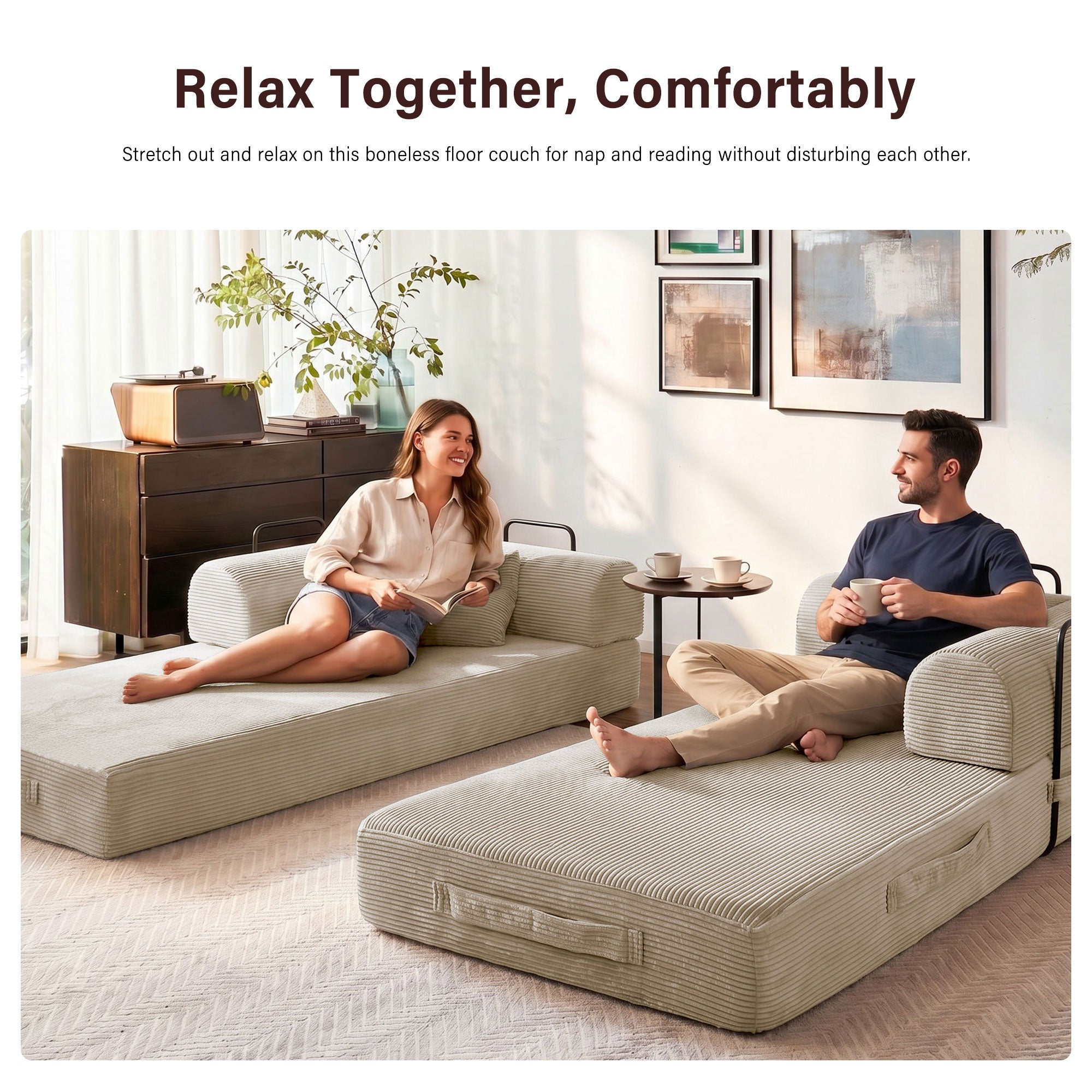 5-in-1 Folding Convertible Sofa Bed, 79" Corduroy Floor Couch Futon, Pull-Out Sleeper Loveseat, Modular Boneless Sofa for Living Room & Bedroom, Beige