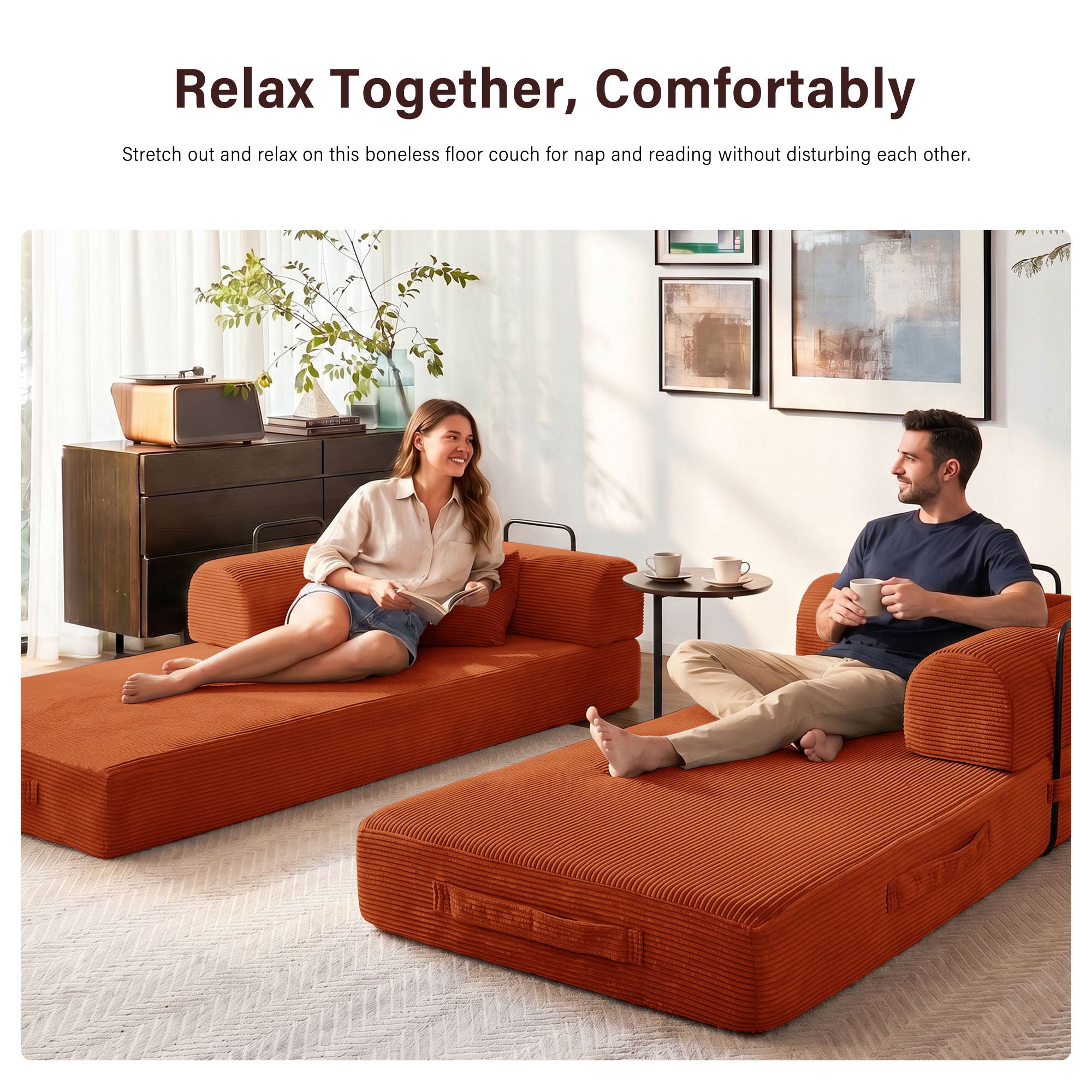 5-in-1 Folding Convertible Sofa Bed, 79" Corduroy Floor Couch Futon, Pull-Out Sleeper Loveseat, Modular Boneless Sofa for Living Room & Bedroom, Orange