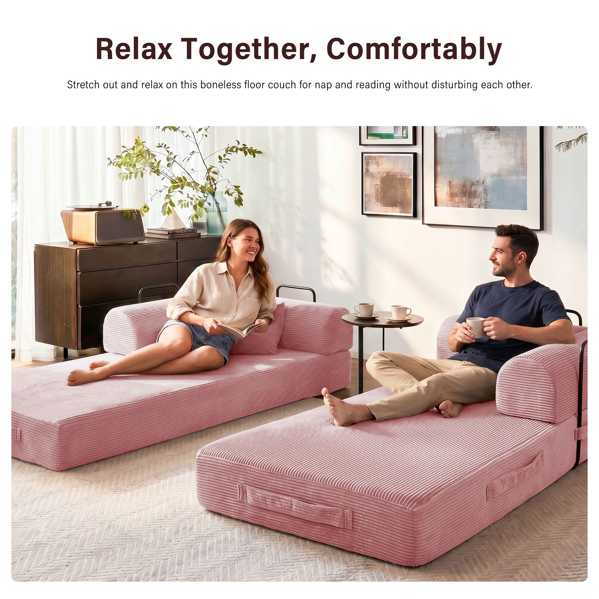 5-in-1 Folding Convertible Sofa Bed, 79" Corduroy Floor Couch Futon, Pull-Out Sleeper Loveseat, Modular Boneless Sofa for Living Room & Bedroom, Pink