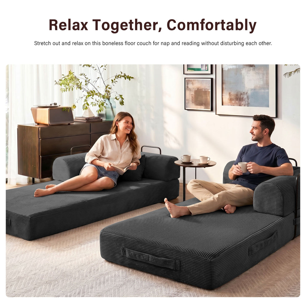 5-in-1 Folding Convertible Sofa Bed, 79" Corduroy Floor Couch Futon, Pull-Out Sleeper Loveseat, Modular Boneless Sofa for Living Room & Bedroom, Black