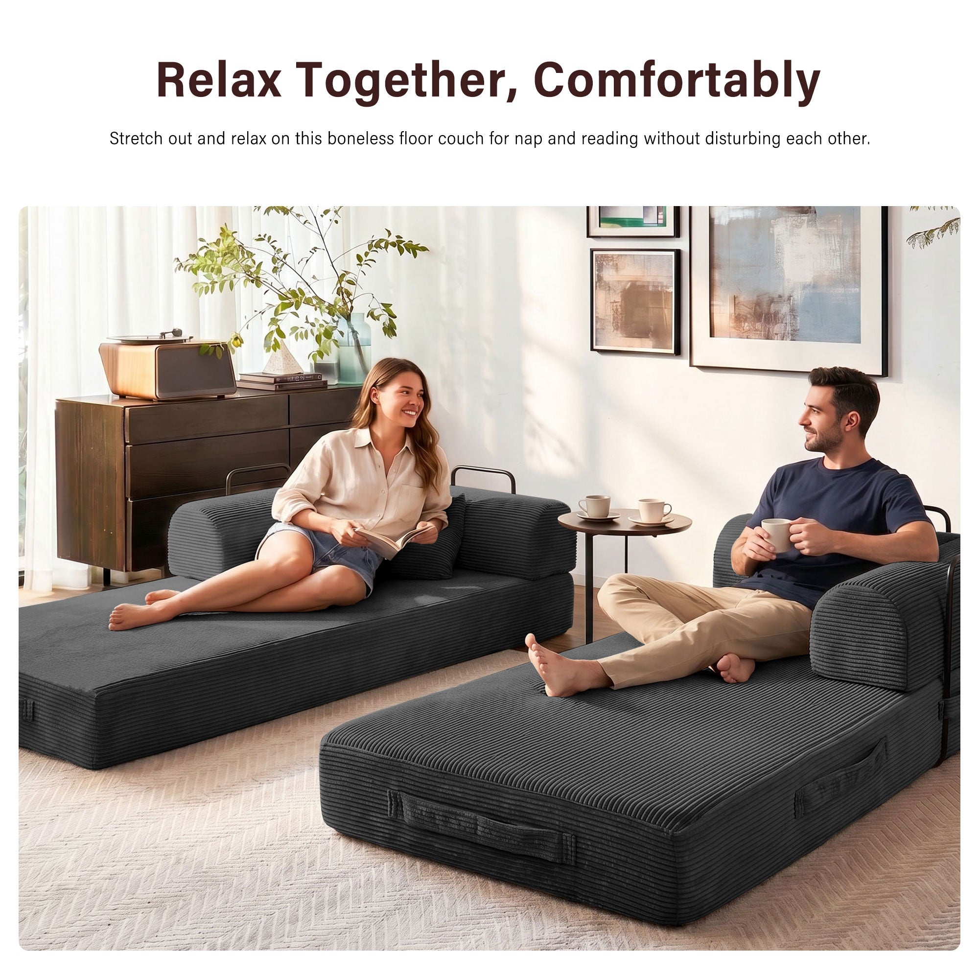 5-in-1 Folding Convertible Sofa Bed, 79" Corduroy Floor Couch Futon, Pull-Out Sleeper Loveseat, Modular Boneless Sofa for Living Room & Bedroom, Black