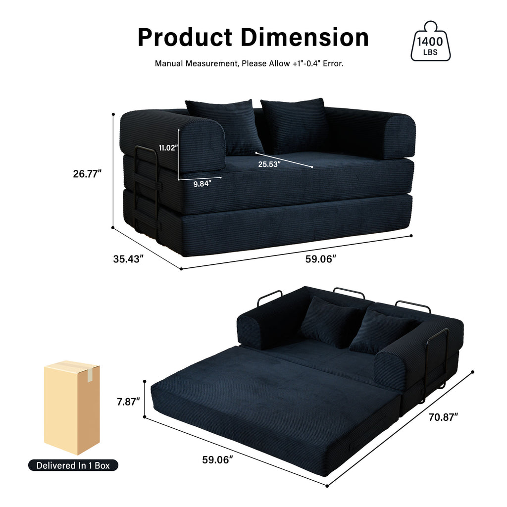 59" 5-in-1 Convertible Corduroy Sofa Bed, No-Assembly Boneless Loveseat Pull-Out Sleeper for Small Spaces(Black)