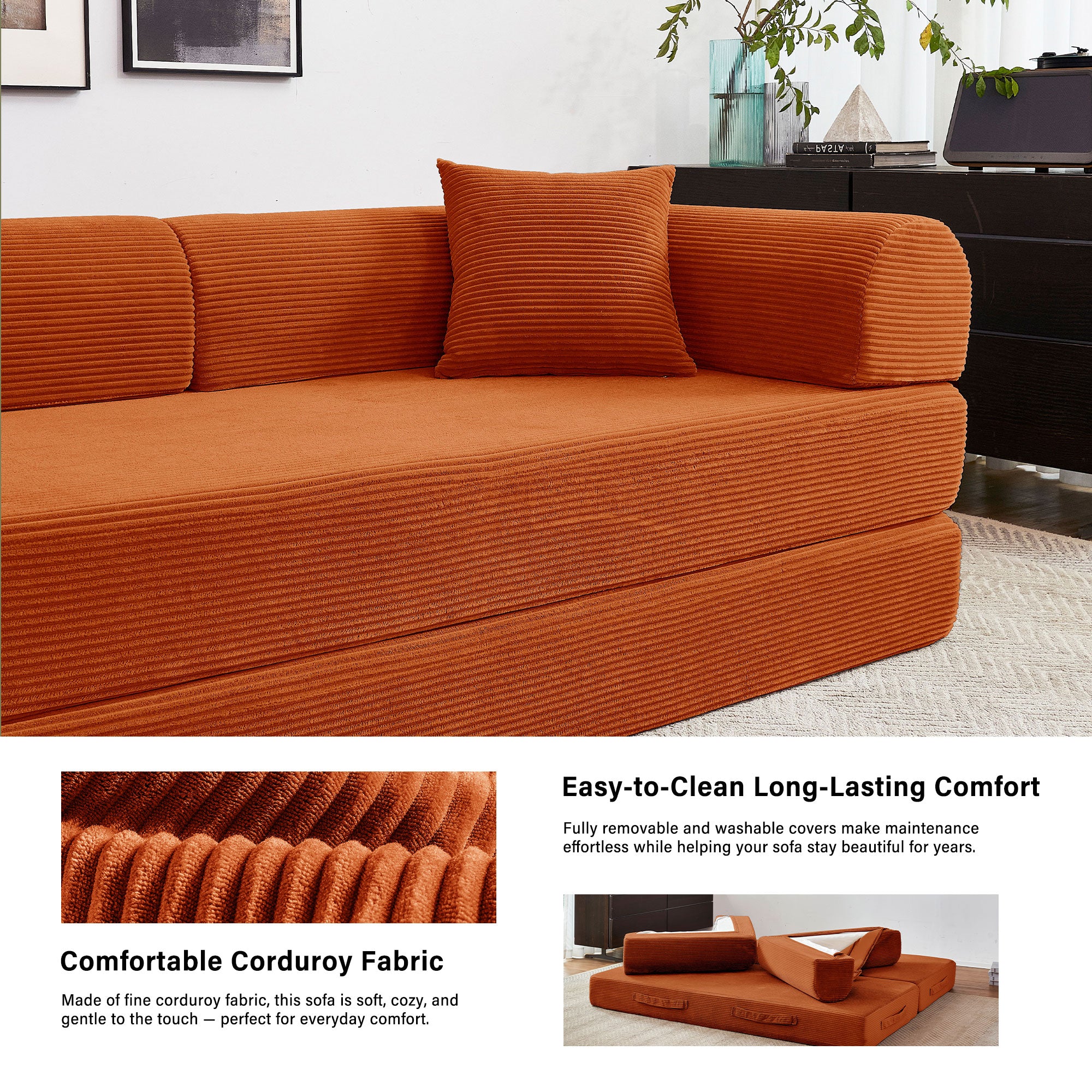 5-in-1 Folding Convertible Sofa Bed, 79" Corduroy Floor Couch Futon, Pull-Out Sleeper Loveseat, Modular Boneless Sofa for Living Room & Bedroom, Orange