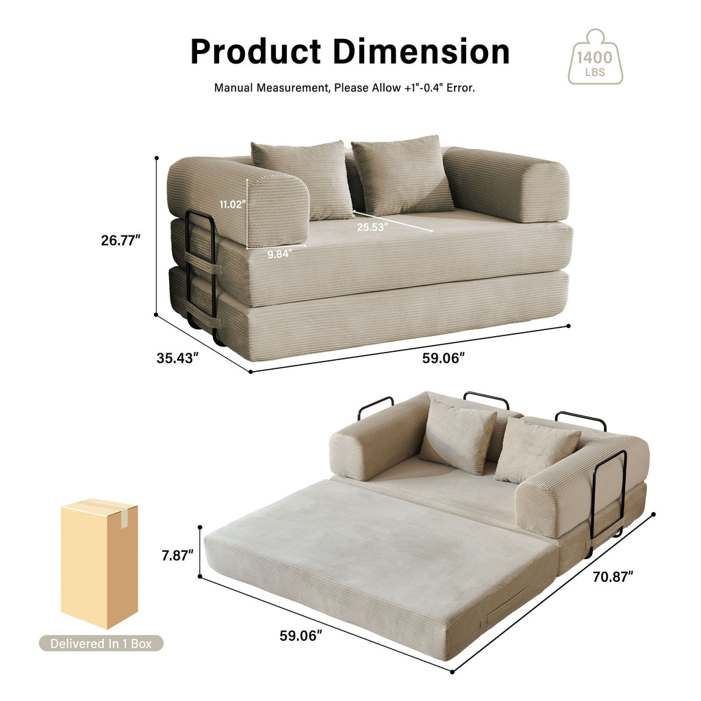 59" 5-in-1 Convertible Corduroy Sofa Bed, No-Assembly Boneless Loveseat Pull-Out Sleeper for Small Spaces(Beige)