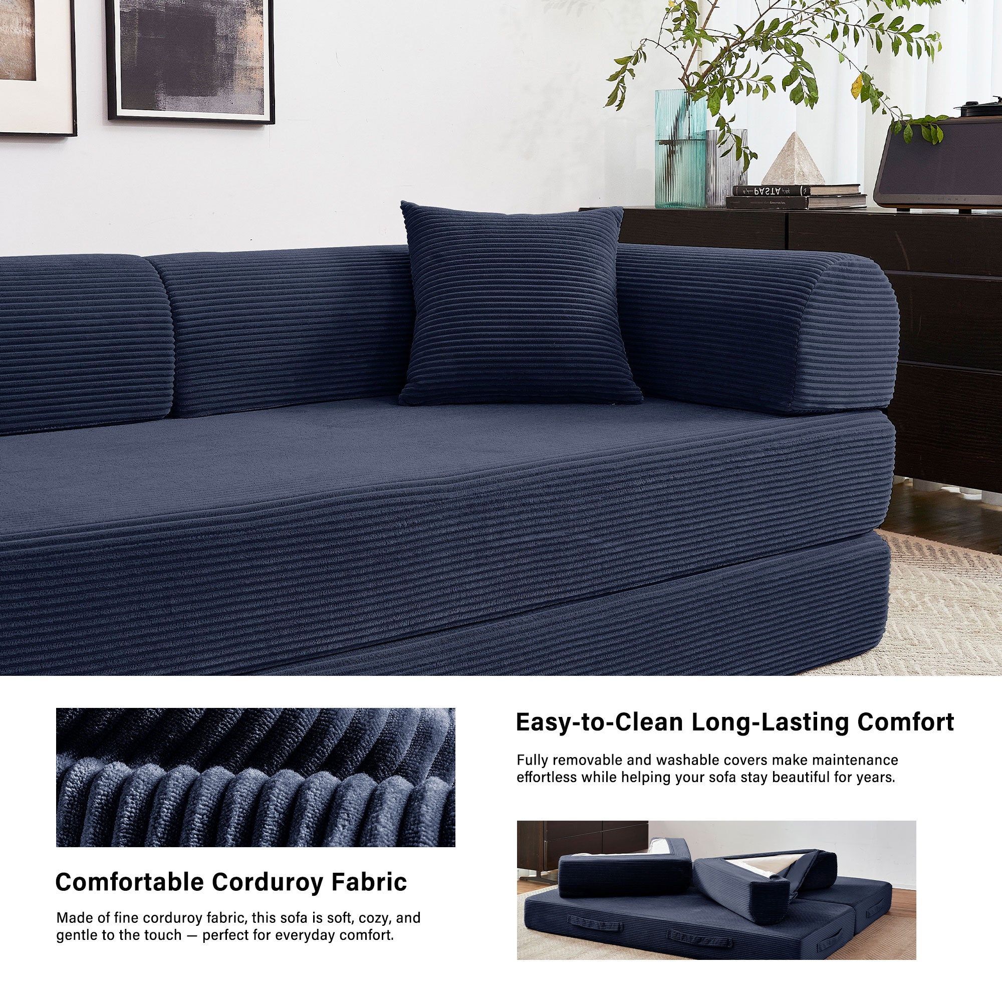 5-in-1 Folding Convertible Sofa Bed, 79" Corduroy Floor Couch Futon, Pull-Out Sleeper Loveseat, Modular Boneless Sofa for Living Room & Bedroom, Dark Blue