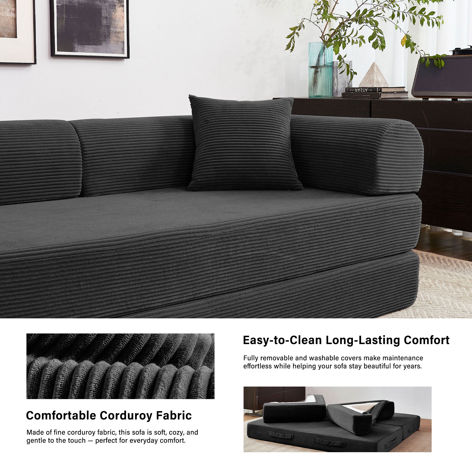 5-in-1 Folding Convertible Sofa Bed, 79" Corduroy Floor Couch Futon, Pull-Out Sleeper Loveseat, Modular Boneless Sofa for Living Room & Bedroom, Black