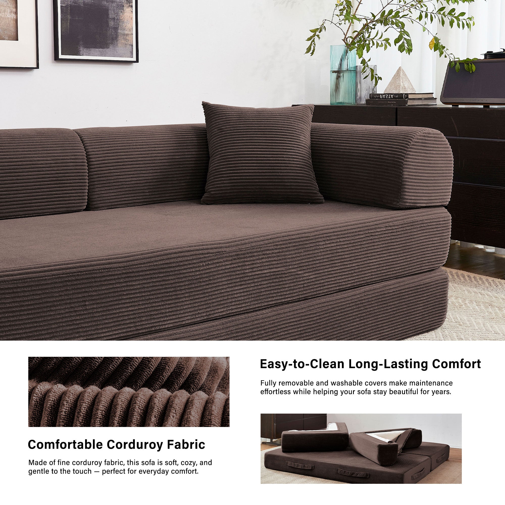5-in-1 Folding Convertible Sofa Bed, 79" Corduroy Floor Couch Futon, Pull-Out Sleeper Loveseat, Modular Boneless Sofa for Living Room & Bedroom, Brown