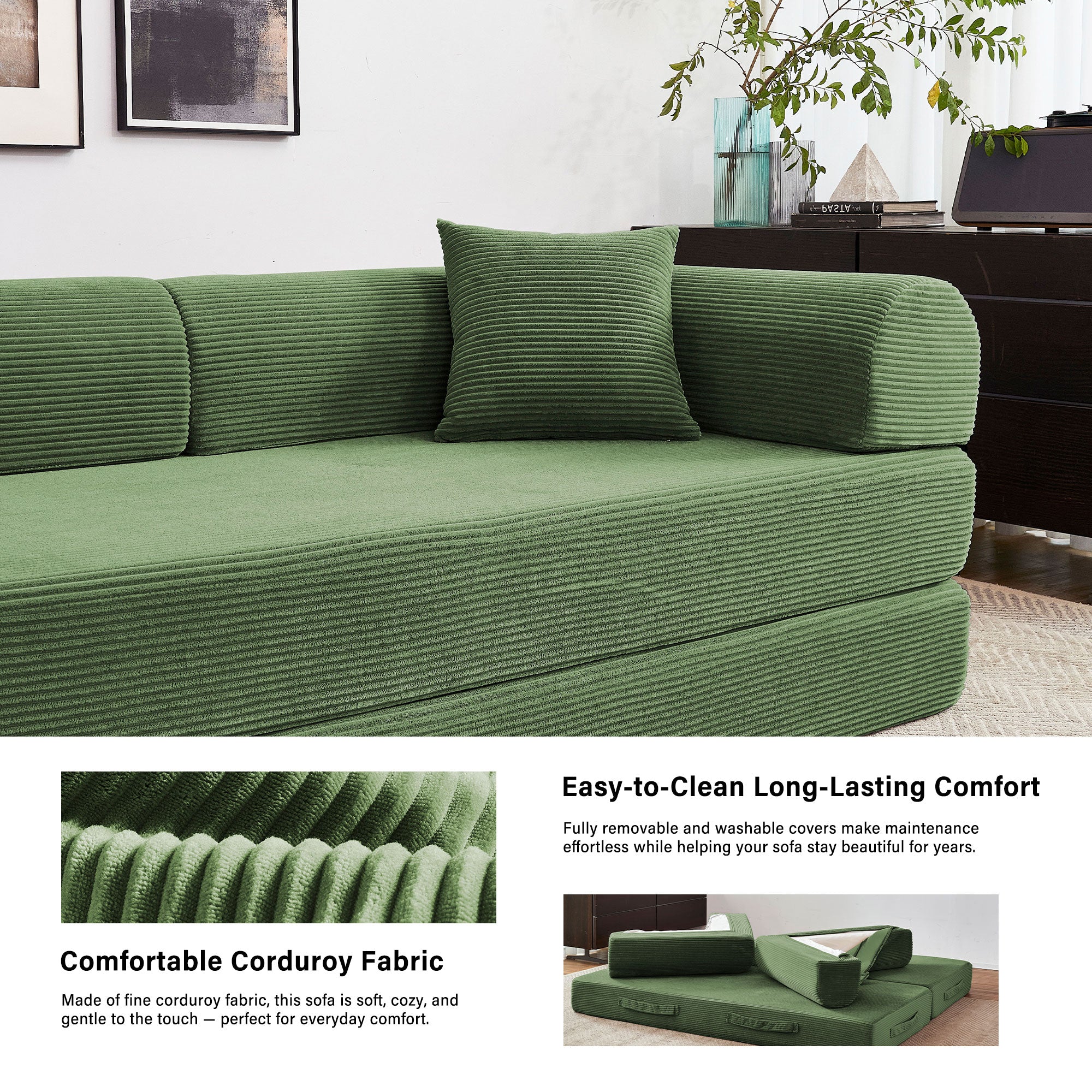 5-in-1 Folding Convertible Sofa Bed, 79" Corduroy Floor Couch Futon, Pull-Out Sleeper Loveseat, Modular Boneless Sofa for Living Room & Bedroom, Dark Green