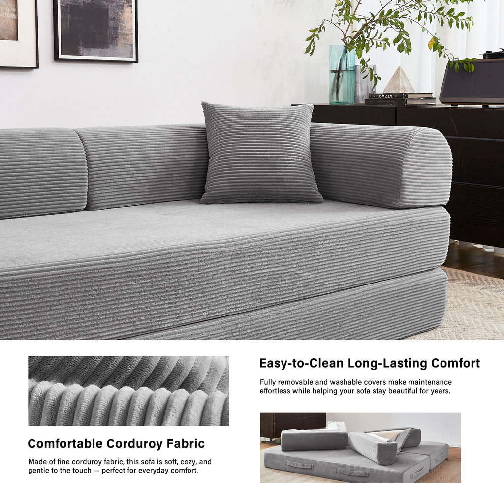GYHGRH 5-in-1 Folding Convertible Sofa Bed, 79" Corduroy Floor Couch Futon, Pull-Out Sleeper Loveseat for Adult Modular Boneless Sofa for Living Room & Bedroom, Light Grey