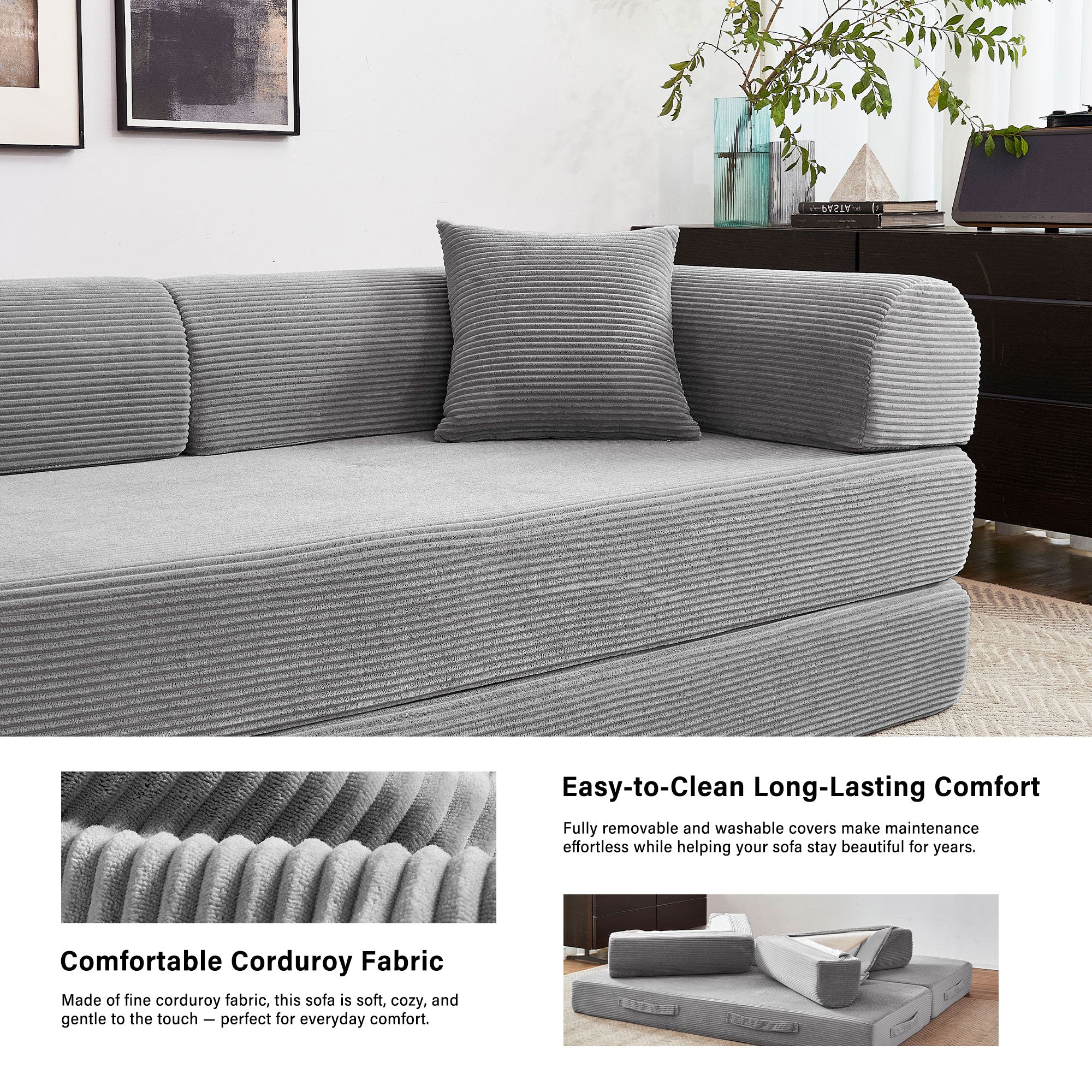 GYHGRH 5-in-1 Folding Convertible Sofa Bed, 79" Corduroy Floor Couch Futon, Pull-Out Sleeper Loveseat for Adult Modular Boneless Sofa for Living Room & Bedroom, Light Grey