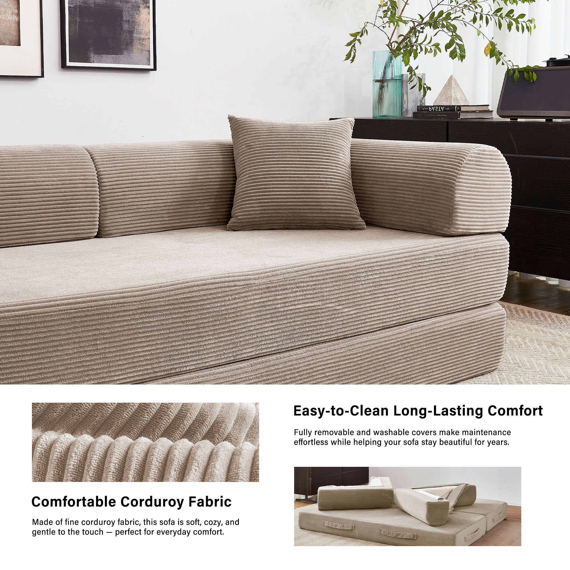 5-in-1 Folding Convertible Sofa Bed, 79" Corduroy Floor Couch Futon, Pull-Out Sleeper Loveseat, Modular Boneless Sofa for Living Room & Bedroom, Beige