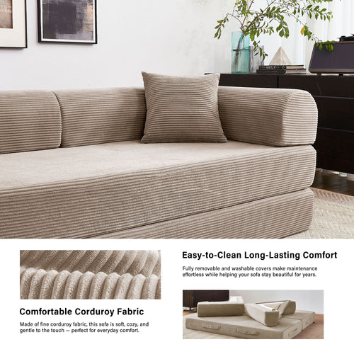 5-in-1 Folding Convertible Sofa Bed, 79" Corduroy Floor Couch Futon, Pull-Out Sleeper Loveseat, Modular Boneless Sofa for Living Room & Bedroom, Beige