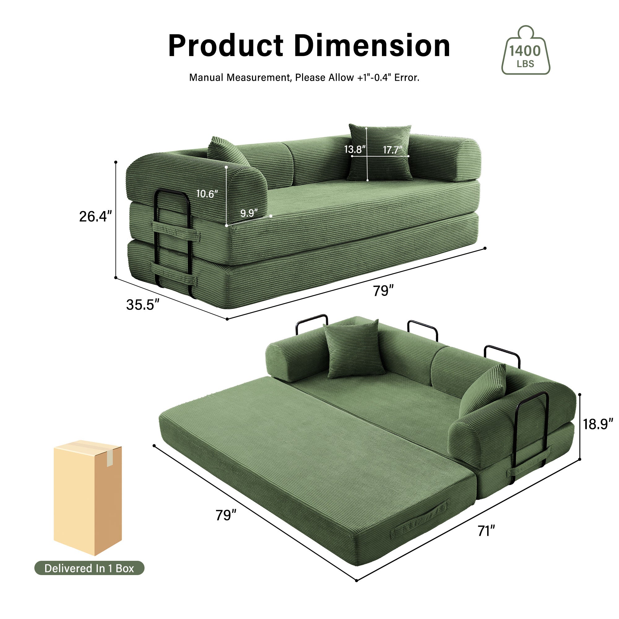 5-in-1 Folding Convertible Sofa Bed, 79" Corduroy Floor Couch Futon, Pull-Out Sleeper Loveseat, Modular Boneless Sofa for Living Room & Bedroom, Dark Green
