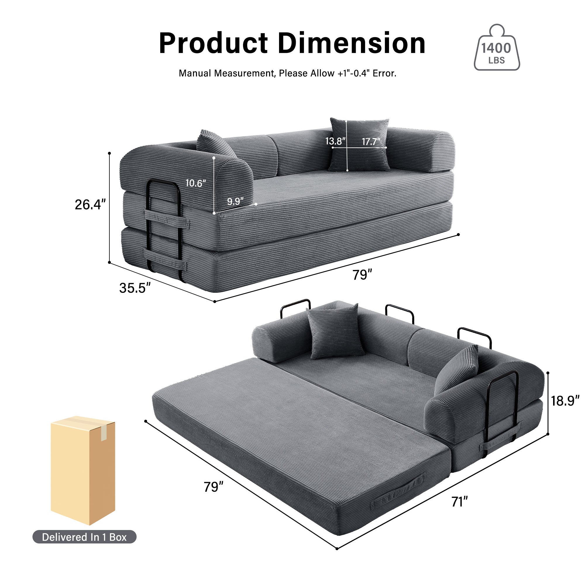 5-in-1 Folding Convertible Sofa Bed, 79" Corduroy Floor Couch Futon, Pull-Out Sleeper Loveseat, Modular Boneless Sofa for Living Room & Bedroom, Grey