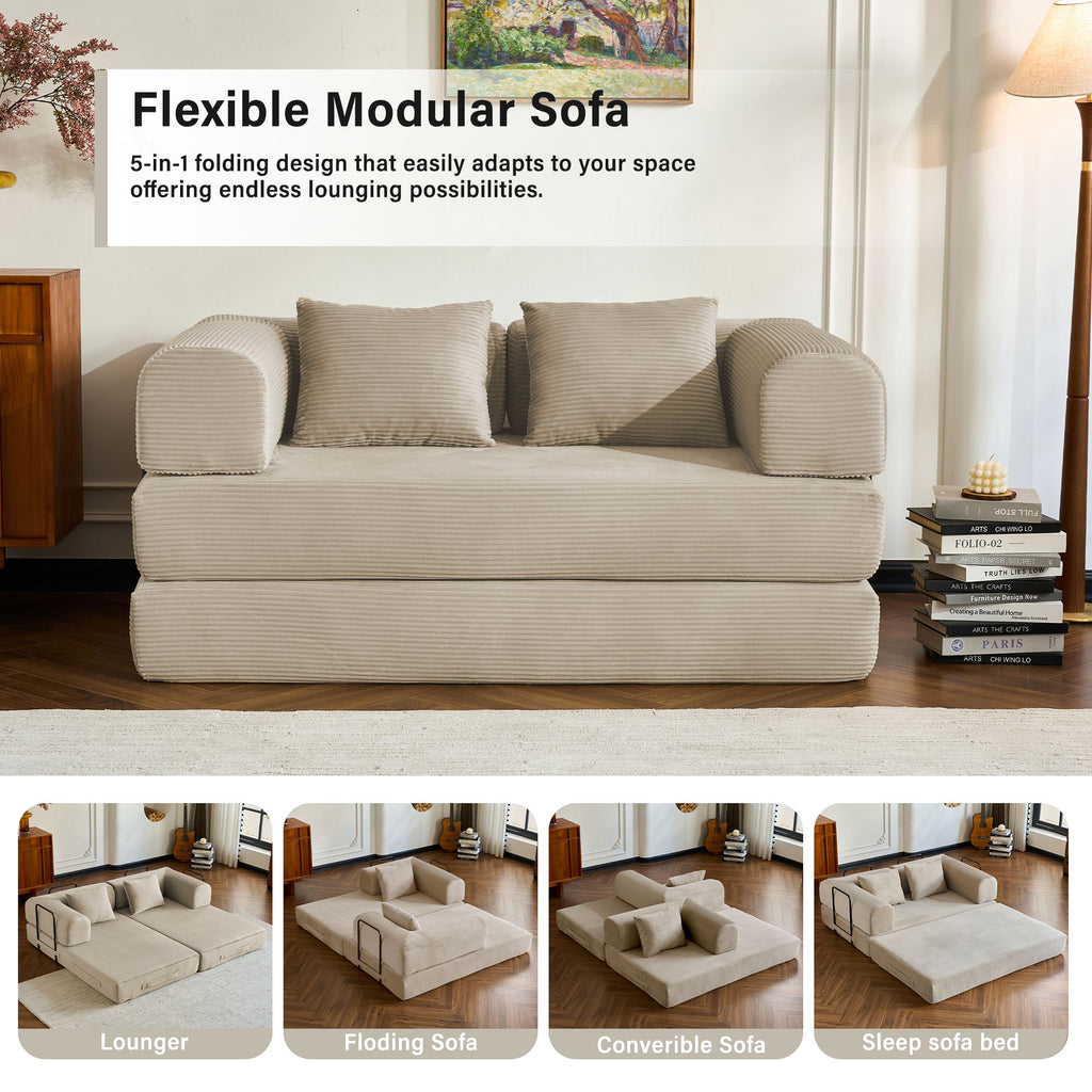 59" 5-in-1 Convertible Corduroy Sofa Bed, No-Assembly Boneless Loveseat Pull-Out Sleeper for Small Spaces(Beige)