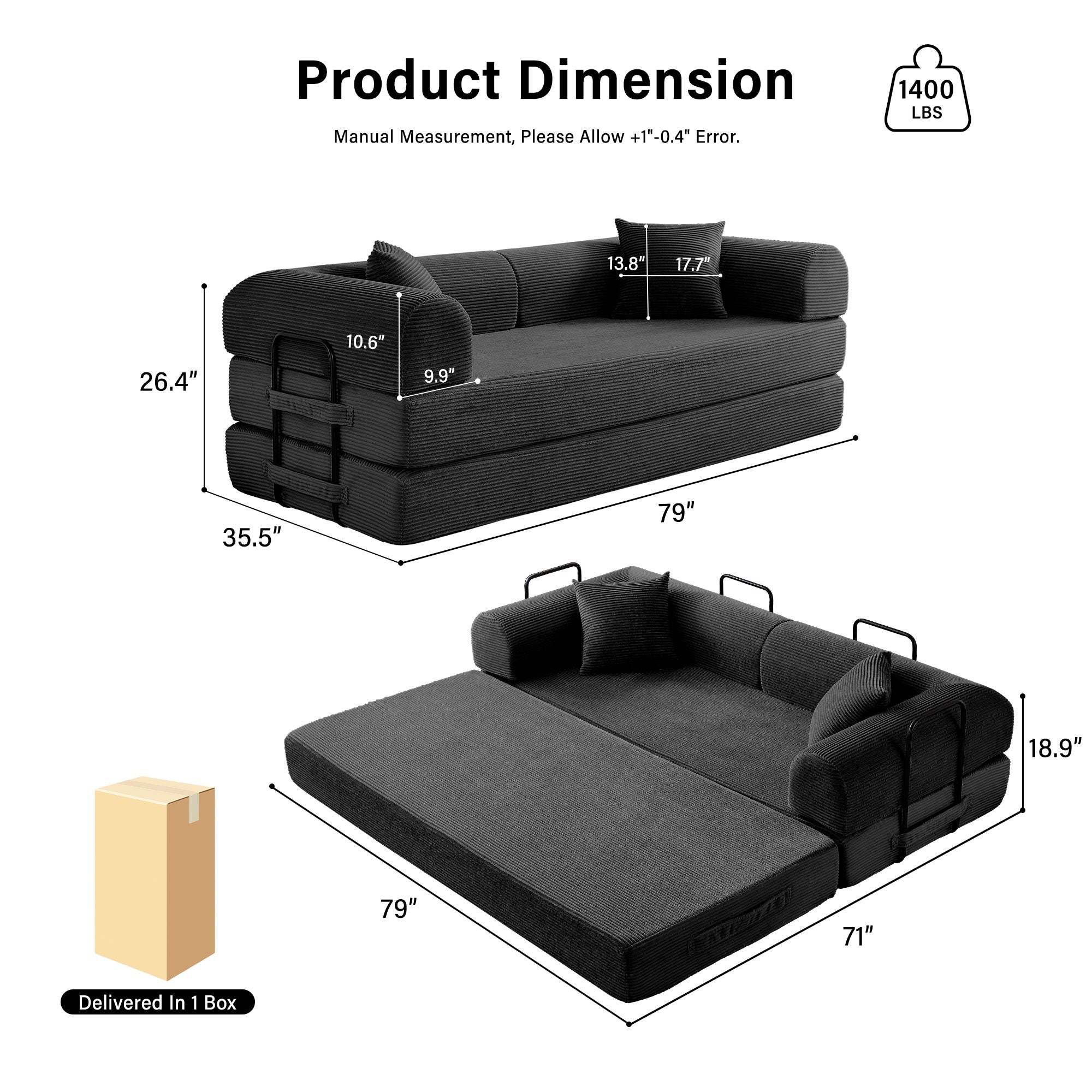 5-in-1 Folding Convertible Sofa Bed, 79" Corduroy Floor Couch Futon, Pull-Out Sleeper Loveseat, Modular Boneless Sofa for Living Room & Bedroom, Black