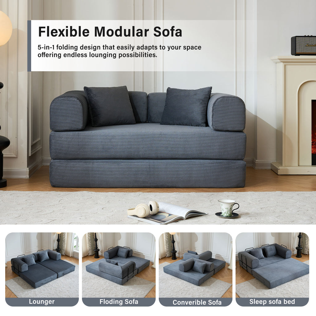 59" 5-in-1 Convertible Corduroy Sofa Bed, No-Assembly Boneless Loveseat Pull-Out Sleeper for Small Spaces(Dark Grey)
