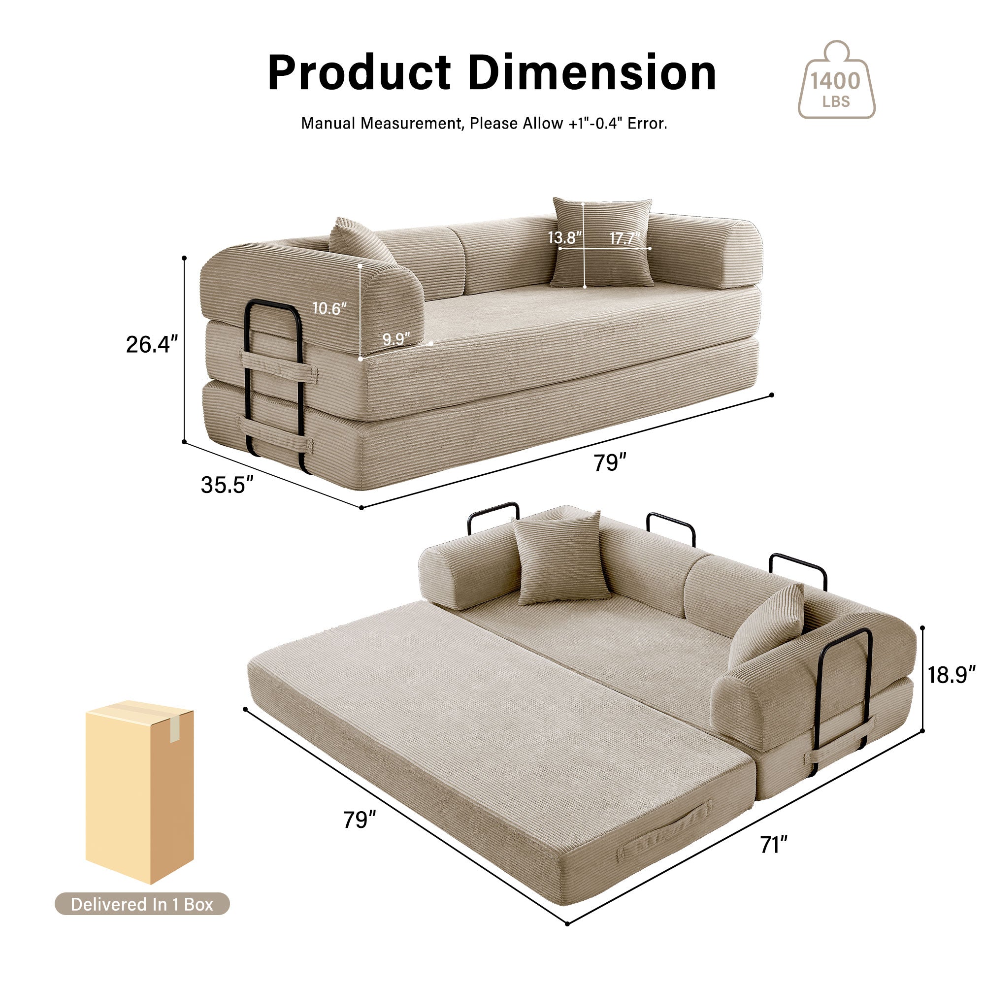 5-in-1 Folding Convertible Sofa Bed, 79" Corduroy Floor Couch Futon, Pull-Out Sleeper Loveseat, Modular Boneless Sofa for Living Room & Bedroom, Beige
