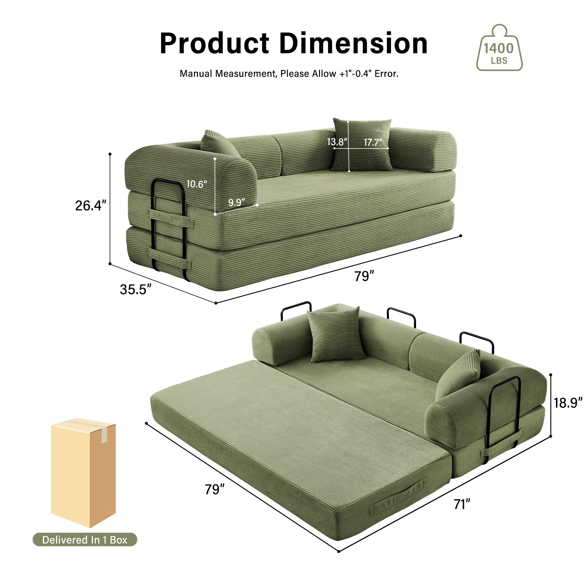 5-in-1 Folding Convertible Sofa Bed, 79" Corduroy Floor Couch Futon, Pull-Out Sleeper Loveseat, Modular Boneless Sofa for Living Room & Bedroom, Green