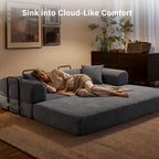 5-in-1 Folding Convertible Sofa Bed, 79" Corduroy Floor Couch Futon, Pull-Out Sleeper Loveseat, Modular Boneless Sofa for Living Room & Bedroom, Grey