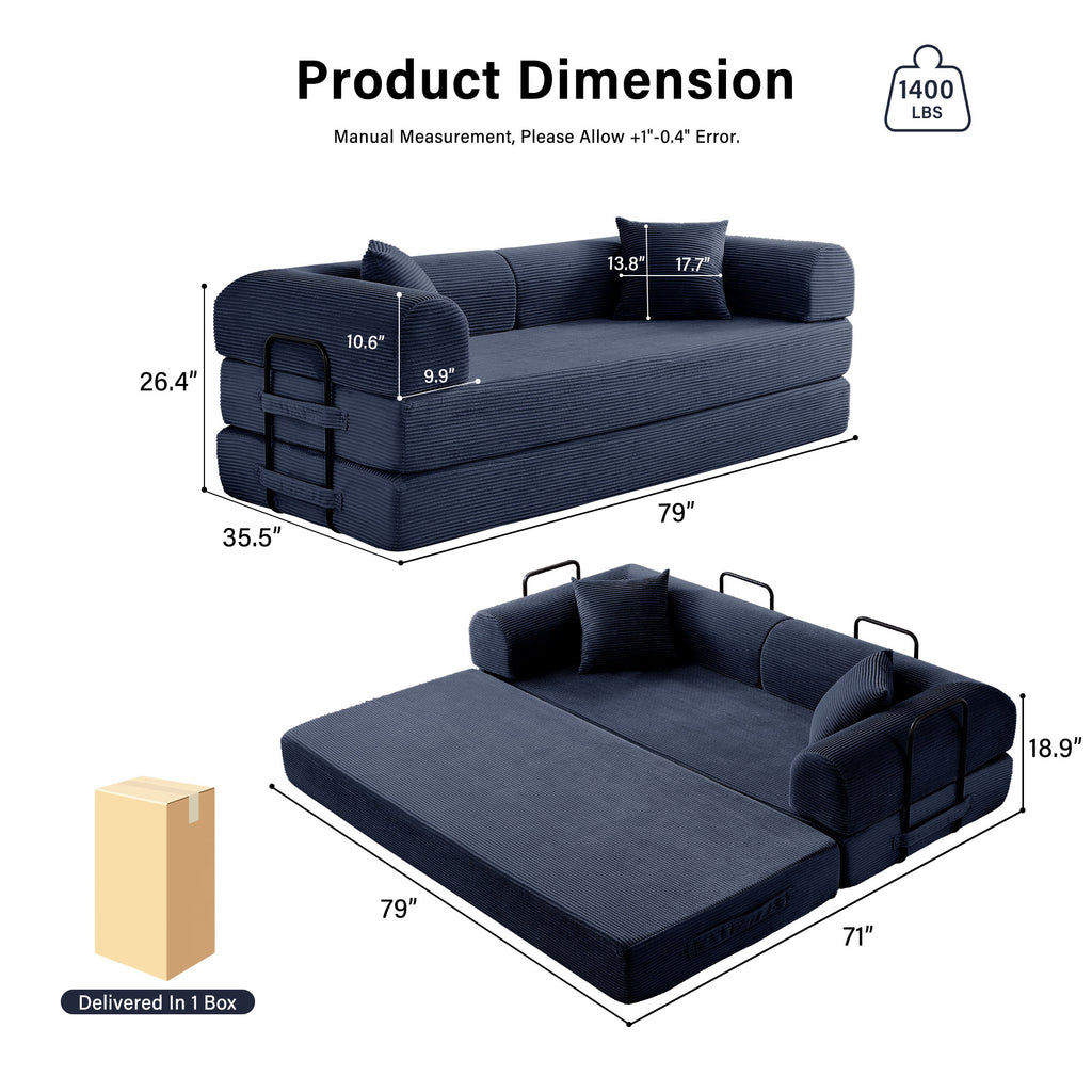 5-in-1 Folding Convertible Sofa Bed, 79" Corduroy Floor Couch Futon, Pull-Out Sleeper Loveseat, Modular Boneless Sofa for Living Room & Bedroom, Dark Blue