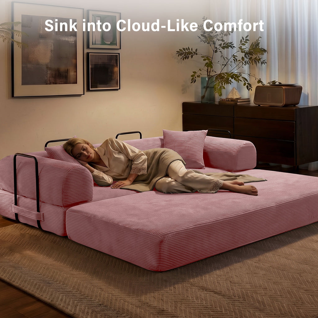 5-in-1 Folding Convertible Sofa Bed, 79" Corduroy Floor Couch Futon, Pull-Out Sleeper Loveseat, Modular Boneless Sofa for Living Room & Bedroom, Pink