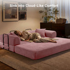 5-in-1 Folding Convertible Sofa Bed, 79" Corduroy Floor Couch Futon, Pull-Out Sleeper Loveseat, Modular Boneless Sofa for Living Room & Bedroom, Pink