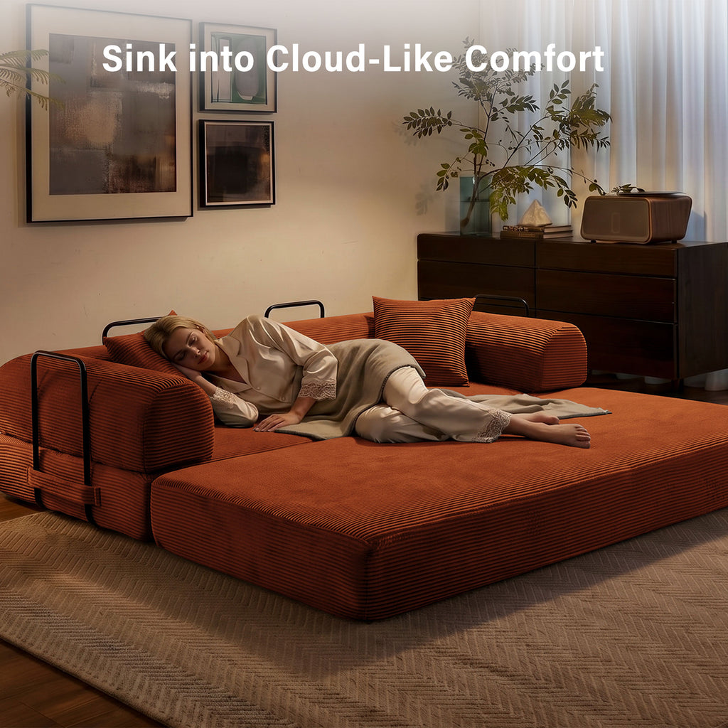 5-in-1 Folding Convertible Sofa Bed, 79" Corduroy Floor Couch Futon, Pull-Out Sleeper Loveseat, Modular Boneless Sofa for Living Room & Bedroom, Orange