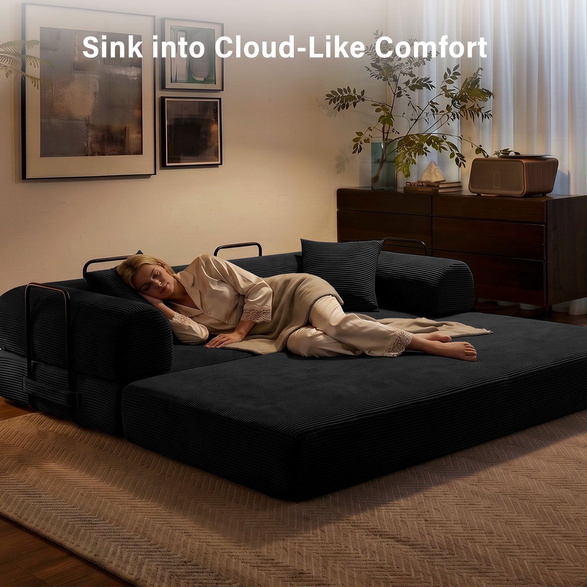 5-in-1 Folding Convertible Sofa Bed, 79" Corduroy Floor Couch Futon, Pull-Out Sleeper Loveseat, Modular Boneless Sofa for Living Room & Bedroom, Black