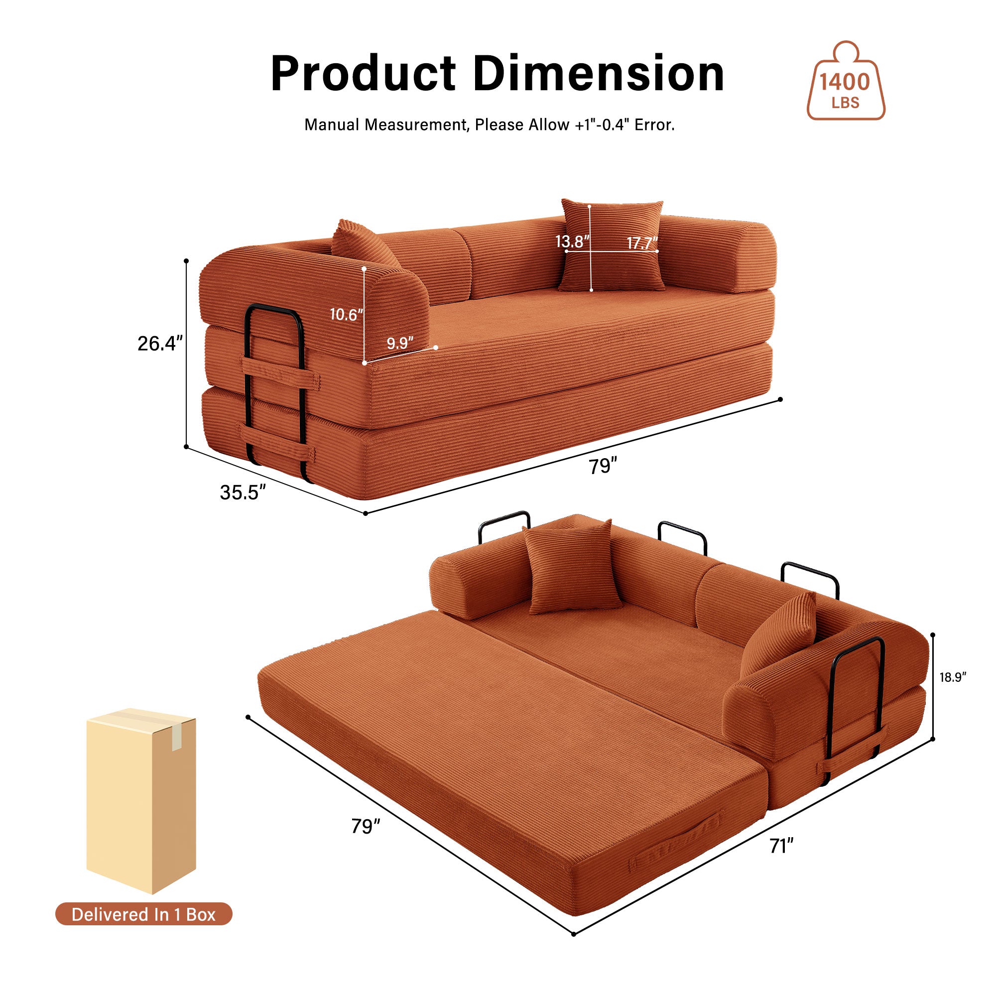 5-in-1 Folding Convertible Sofa Bed, 79" Corduroy Floor Couch Futon, Pull-Out Sleeper Loveseat, Modular Boneless Sofa for Living Room & Bedroom, Orange
