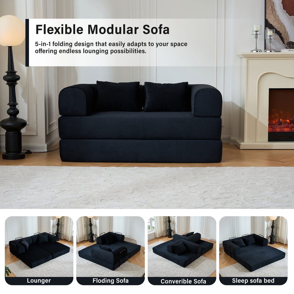 59" 5-in-1 Convertible Corduroy Sofa Bed, No-Assembly Boneless Loveseat Pull-Out Sleeper for Small Spaces(Black)