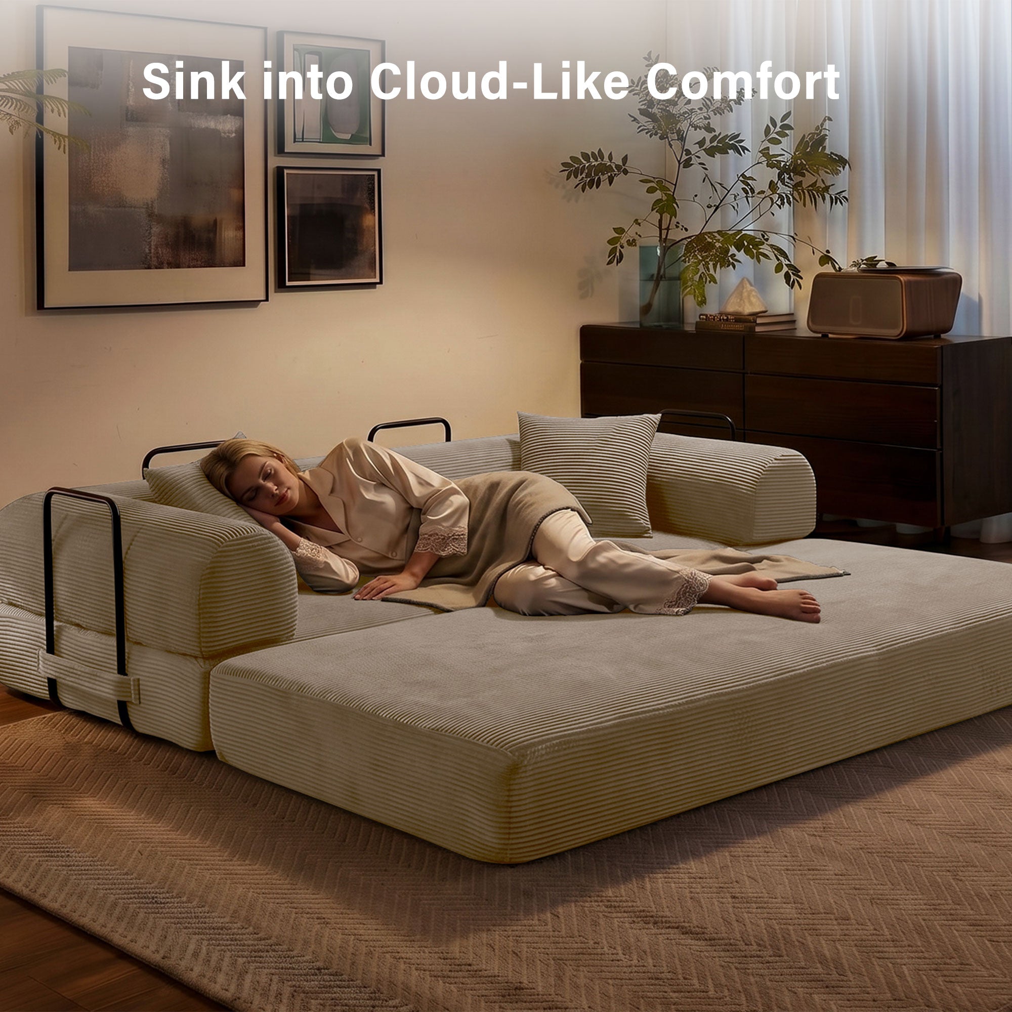 5-in-1 Folding Convertible Sofa Bed, 79" Corduroy Floor Couch Futon, Pull-Out Sleeper Loveseat, Modular Boneless Sofa for Living Room & Bedroom, Beige