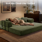 5-in-1 Folding Convertible Sofa Bed, 79" Corduroy Floor Couch Futon, Pull-Out Sleeper Loveseat, Modular Boneless Sofa for Living Room & Bedroom, Green