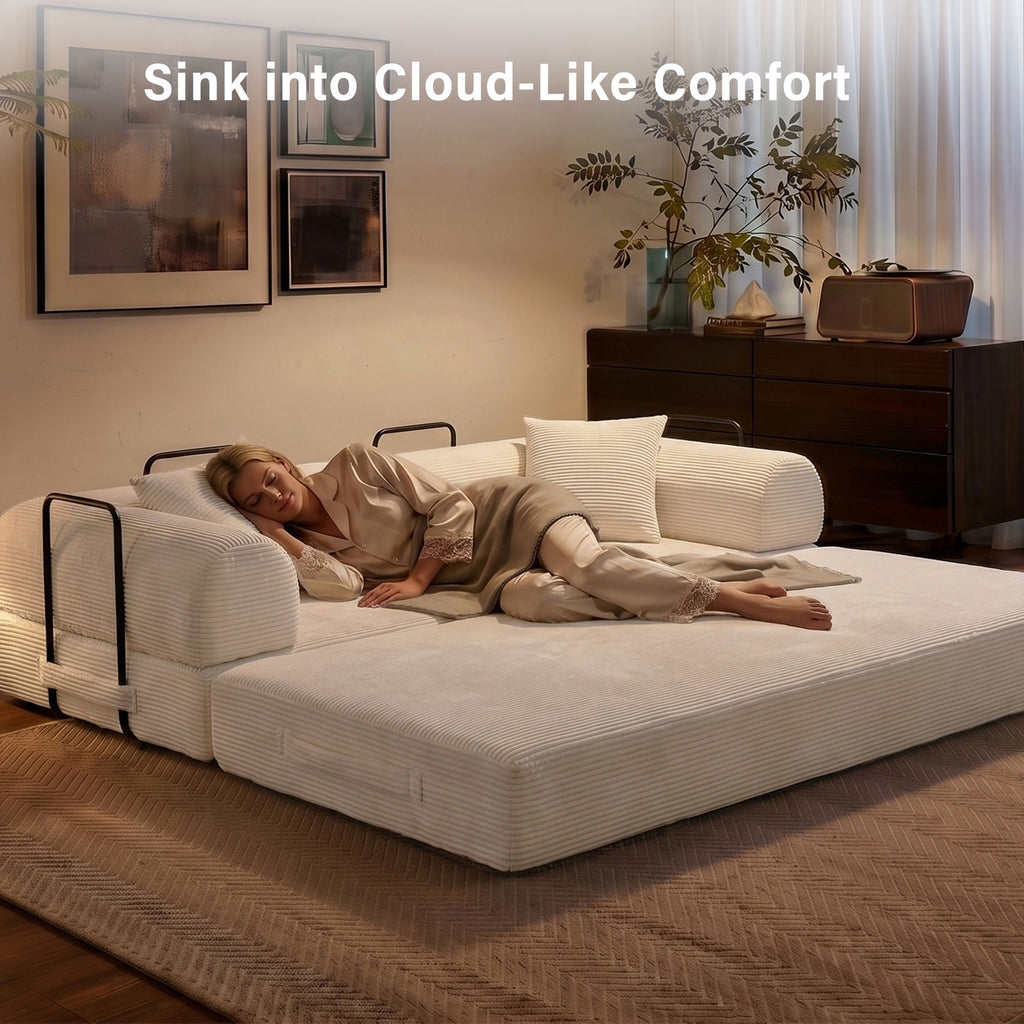 5-in-1 Folding Convertible Sofa Bed, 79" Corduroy Floor Couch Futon, Pull-Out Sleeper Loveseat, Modular Boneless Sofa for Living Room & Bedroom, White