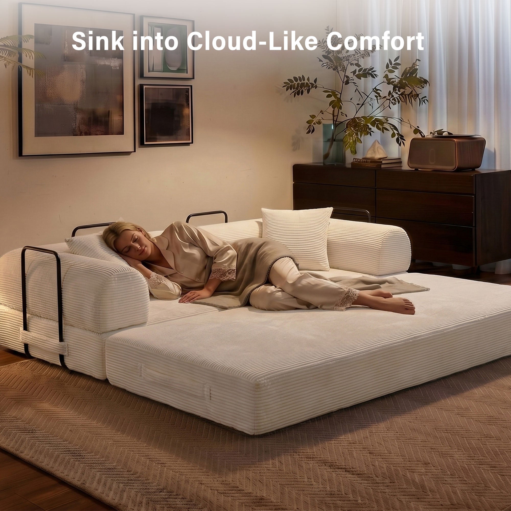 5-in-1 Folding Convertible Sofa Bed, 79" Corduroy Floor Couch Futon, Pull-Out Sleeper Loveseat, Modular Boneless Sofa for Living Room & Bedroom, White