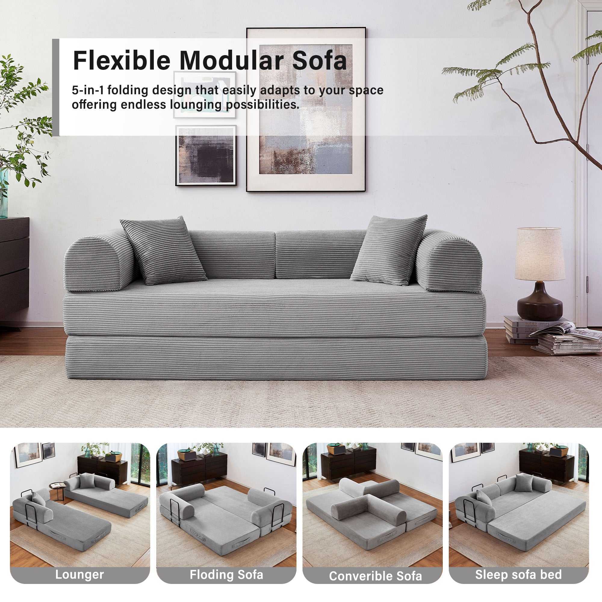 GYHGRH 5-in-1 Folding Convertible Sofa Bed, 79" Corduroy Floor Couch Futon, Pull-Out Sleeper Loveseat for Adult Modular Boneless Sofa for Living Room & Bedroom, Light Grey