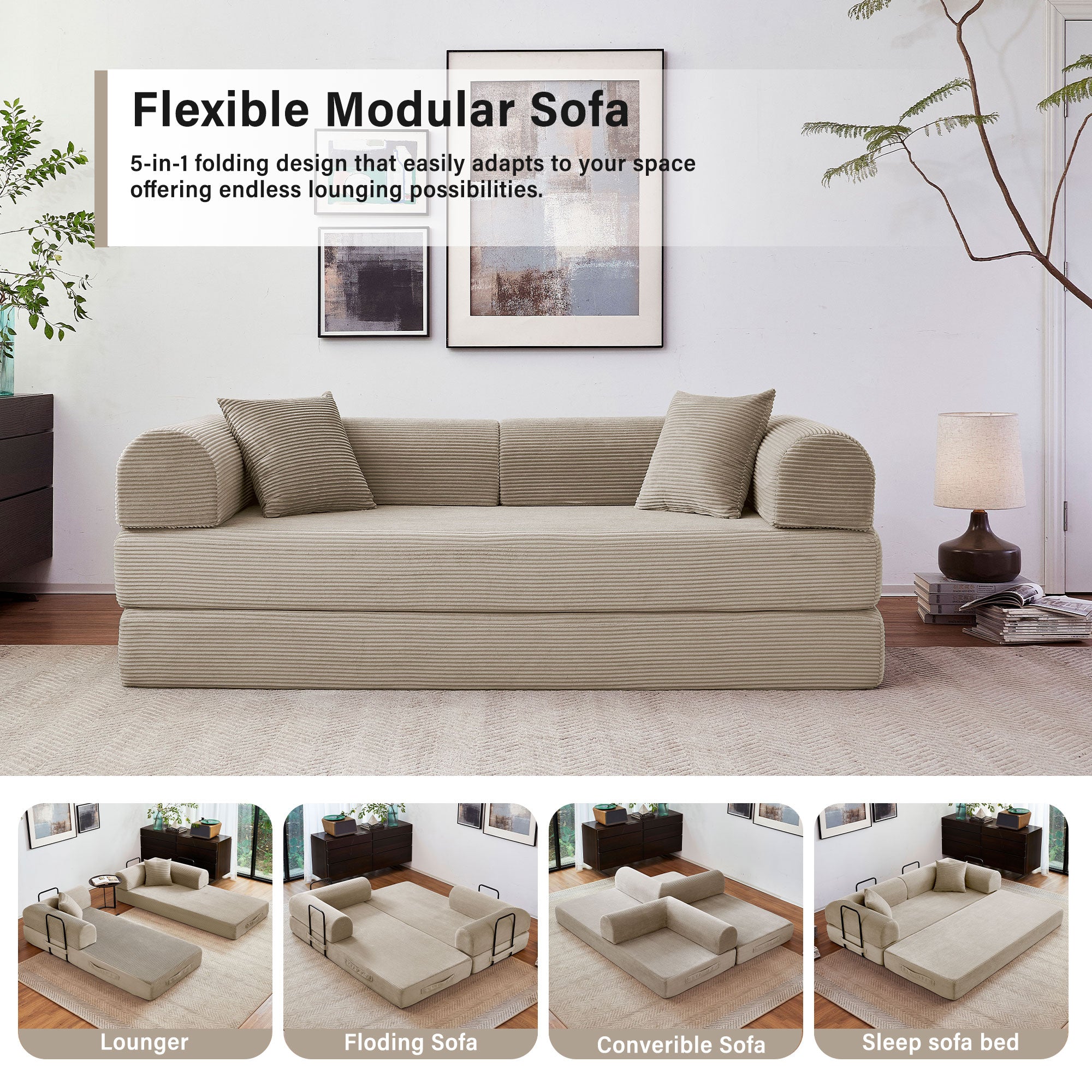 5-in-1 Folding Convertible Sofa Bed, 79" Corduroy Floor Couch Futon, Pull-Out Sleeper Loveseat, Modular Boneless Sofa for Living Room & Bedroom, Beige