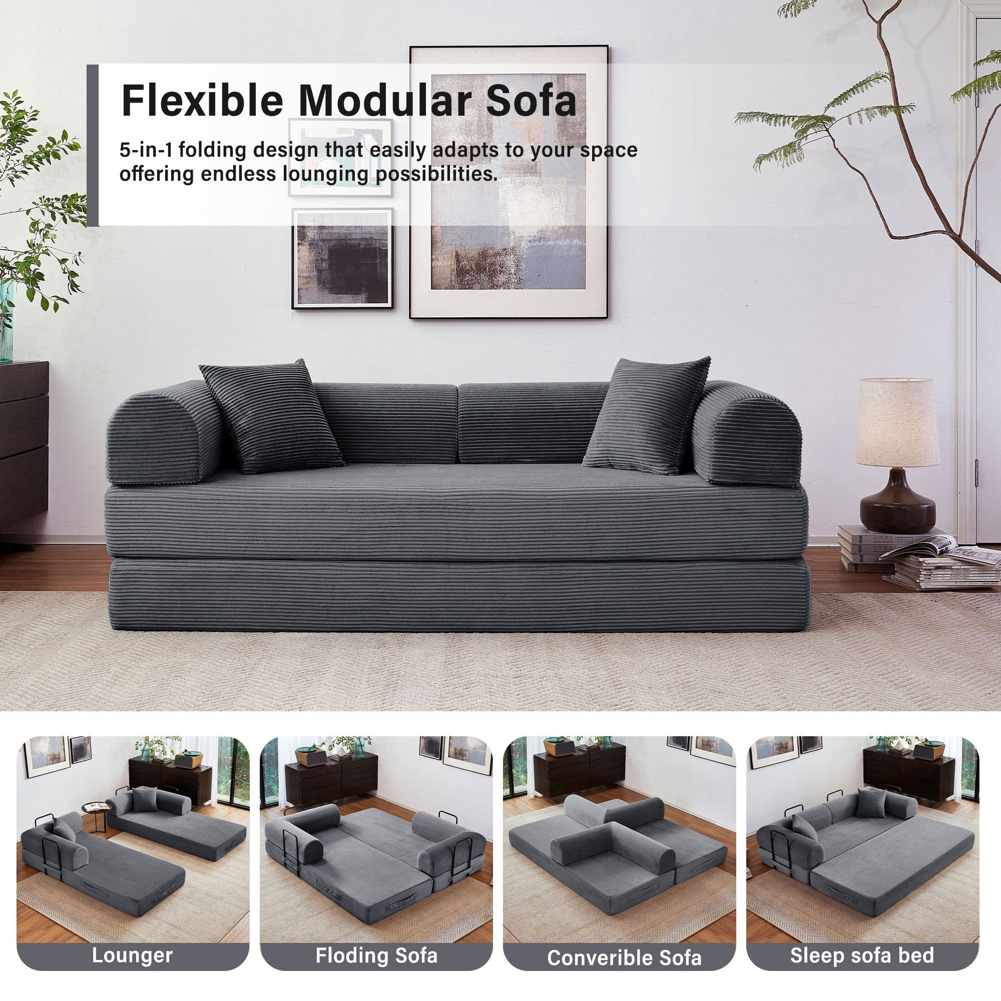 5-in-1 Folding Convertible Sofa Bed, 79" Corduroy Floor Couch Futon, Pull-Out Sleeper Loveseat, Modular Boneless Sofa for Living Room & Bedroom, Grey