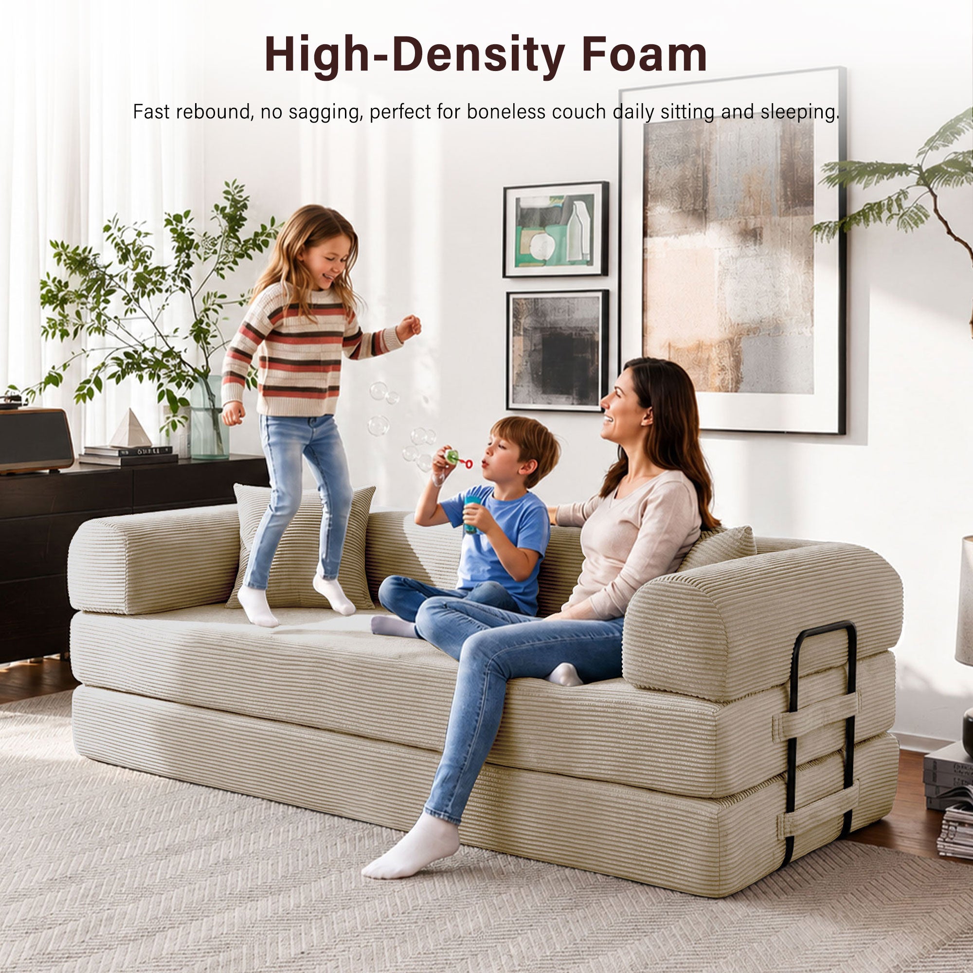 5-in-1 Folding Convertible Sofa Bed, 79" Corduroy Floor Couch Futon, Pull-Out Sleeper Loveseat, Modular Boneless Sofa for Living Room & Bedroom, Beige