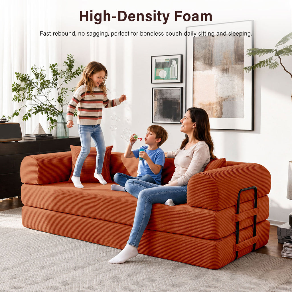 5-in-1 Folding Convertible Sofa Bed, 79" Corduroy Floor Couch Futon, Pull-Out Sleeper Loveseat, Modular Boneless Sofa for Living Room & Bedroom, Orange