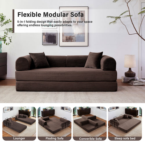 5-in-1 Folding Convertible Sofa Bed, 79" Corduroy Floor Couch Futon, Pull-Out Sleeper Loveseat, Modular Boneless Sofa for Living Room & Bedroom, Brown